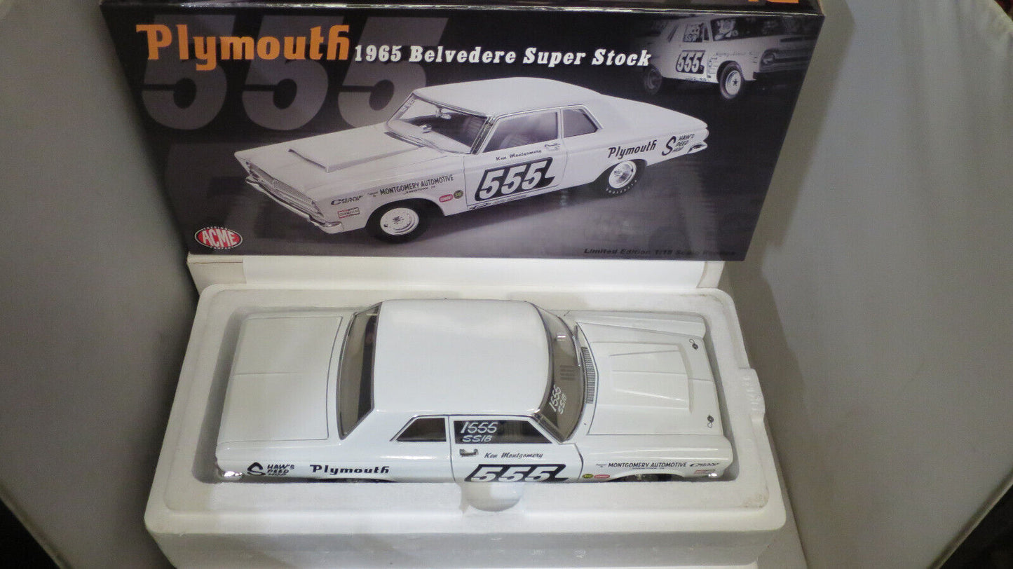 ACME 1/18 1965 PLYMOUTH BELVEDERE SUPER STOCK CAR WHITE #555  A1806600