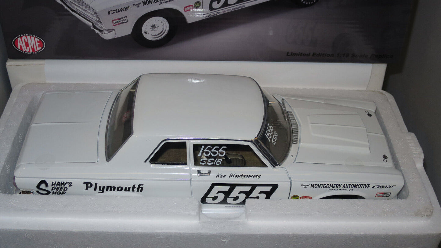 ACME 1/18 1965 PLYMOUTH BELVEDERE SUPER STOCK CAR WHITE #555  A1806600