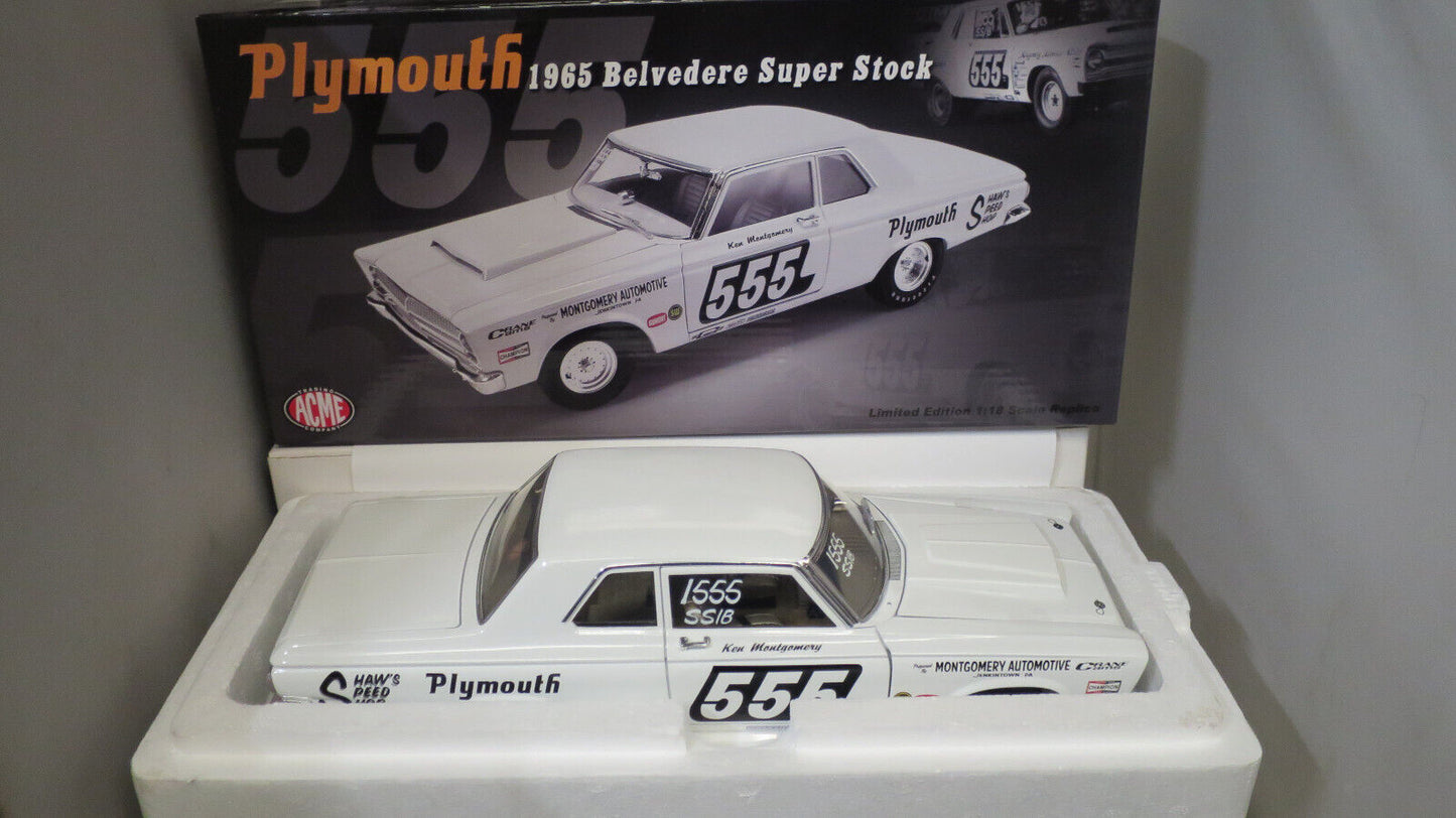 ACME 1/18 1965 PLYMOUTH BELVEDERE SUPER STOCK CAR WHITE #555  A1806600