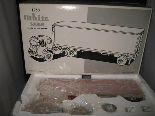 1.34 1St First Gear 1953 White 3000 Truck & Trailer  Budweiser Beer  #19-1912