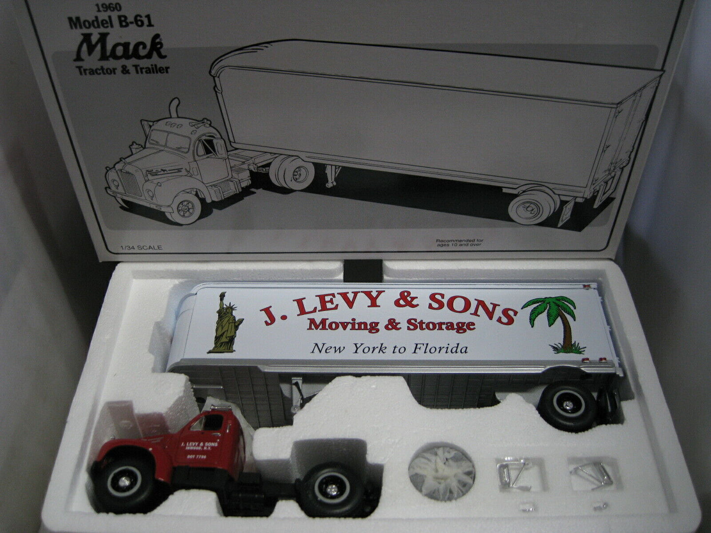 1.34 1St First Gear 1960 Model B-61 Mack Truck & Trailer J, Levy & Sons #18-1519