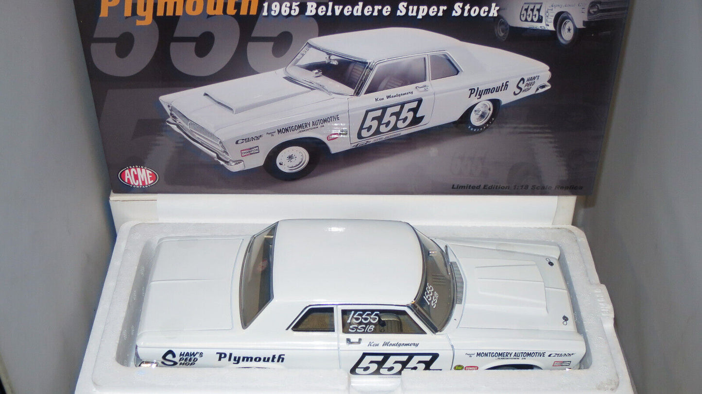 ACME 1/18 1965 PLYMOUTH BELVEDERE SUPER STOCK CAR WHITE #555  A1806600